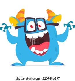 Funny cartoon smiling monster wearing eyeglasses. Halloween Illustration of cute alien. Vector isolated