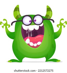 Funny cartoon smiling monster wearing eyeglasses. Halloween Illustration of cute alien. Vector isolated