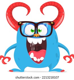 Funny cartoon smiling monster wearing eyeglasses. Halloween Illustration of cute alien. Vector isolated