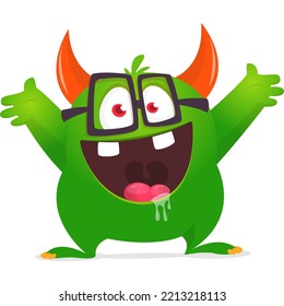 Funny cartoon smiling monster wearing eyeglasses. Halloween Illustration of cute alien. Vector isolated