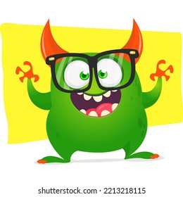 Funny cartoon smiling monster wearing eyeglasses. Halloween Illustration of cute alien. Vector isolated