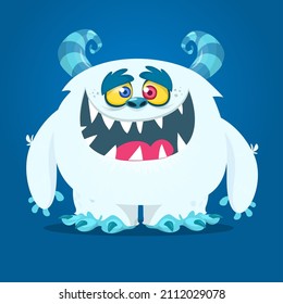 Funny cartoon smiling monster white furry yeti . Halloween Illustration of happy bigfoot creature. Package or logo design. Vector isolated