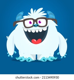 Funny cartoon smiling monster white furry yeti . Halloween Illustration of happy bigfoot creature. Package or logo design. Vector isolated