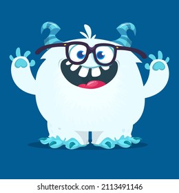 Funny cartoon smiling monster white furry yeti . Halloween Illustration of happy bigfoot creature. Package or logo design. Vector isolated