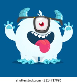 Funny cartoon smiling monster white furry yeti . Halloween Illustration of happy bigfoot creature. Package or logo design. Vector isolated