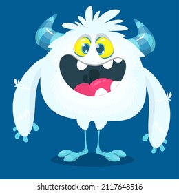 Funny cartoon smiling monster white furry yeti . Halloween Illustration of happy bigfoot creature. Package or logo design. Vector isolated