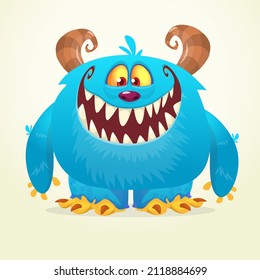Funny cartoon smiling monster white furry yeti . Halloween Illustration of happy bigfoot creature. Package or logo design. Vector isolated