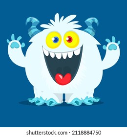 Funny cartoon smiling monster white furry yeti . Halloween Illustration of happy bigfoot creature. Package or logo design. Vector isolated