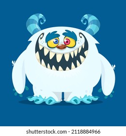 Funny cartoon smiling monster white furry yeti . Halloween Illustration of happy bigfoot creature. Package or logo design. Vector isolated