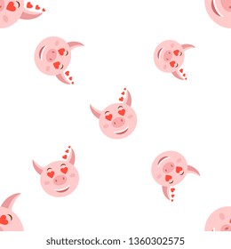 Funny cartoon smiling pig face in love emotion - seamless pattern. Background, textile, backdrop, wrapper, fabric. Vector file  not cropped - clipping mask used for easy editing.