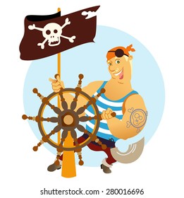 Funny cartoon smiling pirate man standing behind a steering wheel. Vector illustration for design