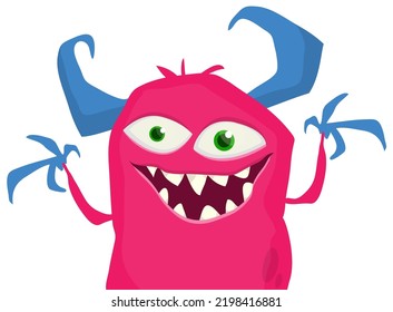 Funny cartoon smiling red monster waving hands.Vector illustration