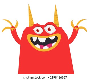 Funny cartoon smiling  red monster waving hands.Vector illustration