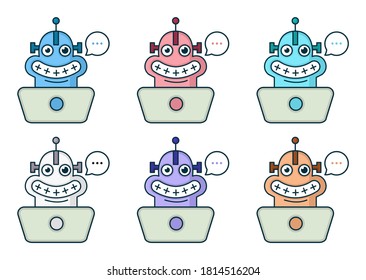 Funny cartoon smiling robot with laptop in six color modes. Cute robot character. Chatbot icon. Modern bot sign design.Smiling customer service robot.