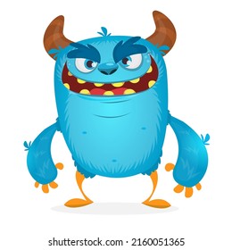 Funny cartoon smiling yeti bigfoot creature. Halloween Illustration of happy monster character. Package or logo design. Vector isolated