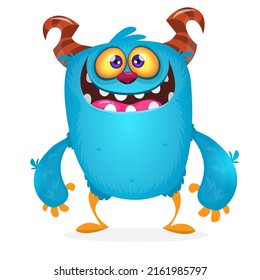 Funny cartoon smiling yeti bigfoot creature. Halloween Illustration of happy monster character. Package or logo design. Vector isolated