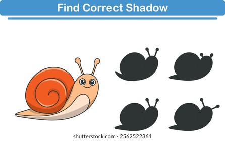 Funny cartoon snail. find the correct shadow. Kids Education games. Cartoon vector illustration
