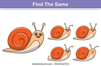Funny cartoon snail. Find same pictures. Educational game for children. Cartoon vector illustration