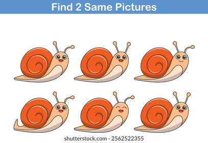 Funny cartoon snail. Find two same pictures. Educational game for children. Cartoon vector illustration