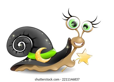 Funny cartoon snail girl with witch hat shell and shiny moon belt. 