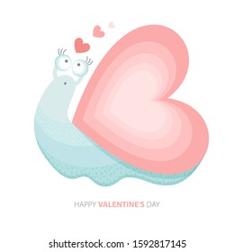 Funny cartoon snail with a house in the shape of a heart. A cute animal with a pink heart. Happy Valentine's day. Greeting card or banner for Valentine's day. Cheerful little snail in vector. Love