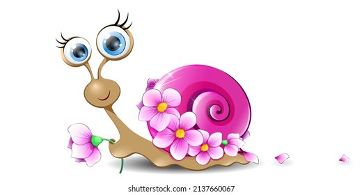 Funny cartoon snail with pink flowers and pink shell. 