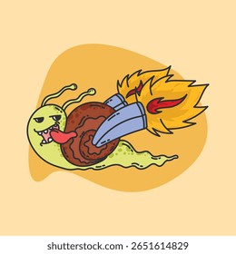 Funny cartoon snail with rocket boosters on its shell, sticking out its tongue and speeding forward. A humorous, quirky concept combining slow animal with fast sci-fi technology.