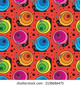 Funny cartoon snail seamless pattern on red background. Vector illustration.