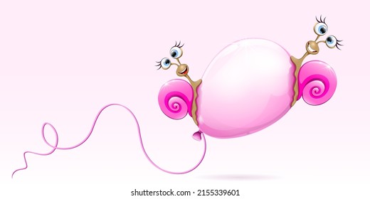 Funny cartoon snails flies on the pink balloon. Birthday, gender party card.