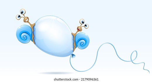 Funny cartoon snails flies on the blue balloon. Birthday, gender party card.