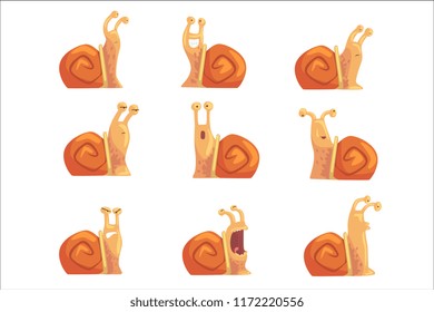 Funny cartoon snails showing different emotions set, cute comic snail characters vector Illustrations