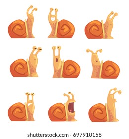 Funny cartoon snails showing different emotions set, cute comic snail characters vector Illustrations