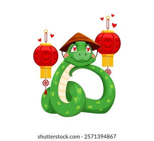 Funny cartoon snake character with heart shaped pupils exudes love for valentine day celebration. Vector Chinese new year serpent, reptile personage in traditional bamboo hat with red festive lanterns