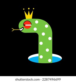 Funny cartoon snake character who say i see you lettering word in speech bubble. Trendy icon isolated on black. Cute wild animal with golden crown