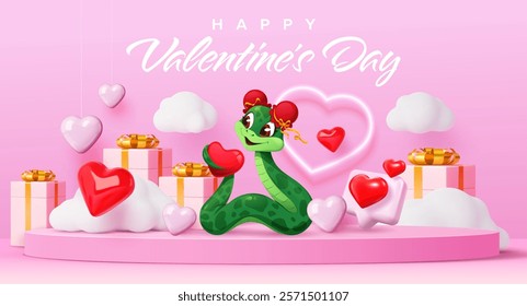 Funny cartoon snake with hearts on Valentine day pink podium, vector greeting card. Happy Valentine Day or love holiday with snake on pink podium with heart balloons, love messages and gifts in clouds