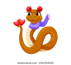 Funny cartoon snake with love hearts, valentine day and Chinese new year character. Vector friendly brown reptile personage with a purple scarf and red bow decorations holds two hearts exudes love