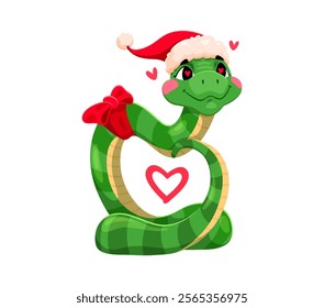 Funny cartoon snake with love hearts, valentine day and Chinese new year character wearing a festive Santa hat and bow. Vector cute green serpent, reptile personage forms a heart shape with its body