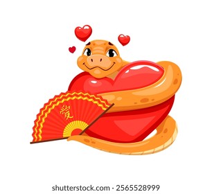 Funny cartoon snake valentine day and Chinese new year character cuddles a large red heart, exuding love with floating red hearts above and red traditional Asian fan. Vector serpent, reptile personage