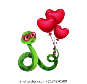 Funny cartoon snake with valentines love heart balloons. Vector cute reptile character in heart shaped glasses holding a bunch of vivid red balloons. Serpent animal celebrates love and festivity