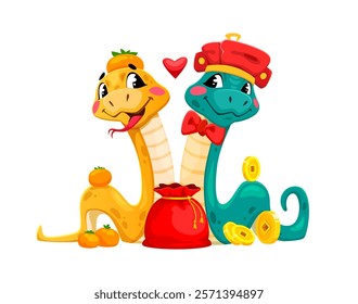 Funny cartoon snakes with love heart, valentine day and Chinese new year characters. Vector playful reptiles couple share a loving Cny vibe with red money pouch, symbolizing prosperity and affection