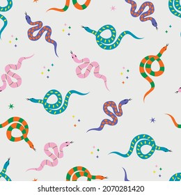 Funny cartoon snakes seamless pattern. Cute snake with colorful scales. Hand drawn trendy vector illustrations. Retro design for fabric, packaging, cover, website.