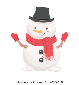 Funny cartoon snow man in black hat. Vector illustration.Isolated on white background