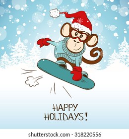 Funny cartoon snowboarding monkey. Symbol of the New Year 2016. New Year and Christmas greeting card.