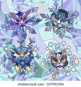 Funny cartoon snowflakes with cat heads. Seamless pattern for new year. Winter texture. Hand drawn. 