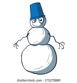 Funny cartoon snowman with bucket. Vector illustration