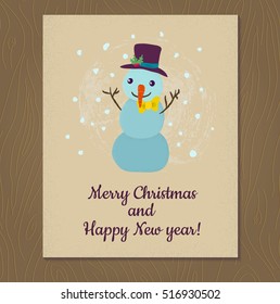Funny cartoon snowman. Card template. 