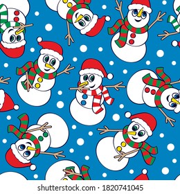 Funny cartoon Snowman dancing hip hop style. Christmas seamless pattern. Vector illustration.