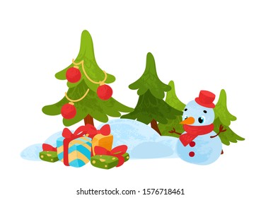 Funny cartoon snowman with gift box. Christmas card. Winter holidays. Vector illustration in children's style, for children's books, posters, postcard, stickers