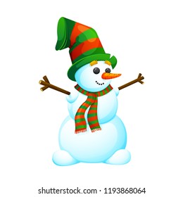 Funny, cartoon snowman in a hat. On a white background, cartoon, vector illustration.