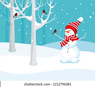 Funny, cartoon snowman in hat and scarf on the background of a winter forest.